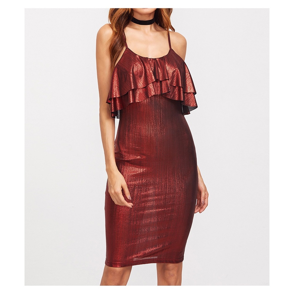 Metallic Bodycon Midi Dress Ruffle Red